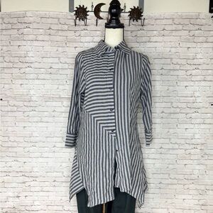 Ronnie Salloway Cotton Gray Striped Asymmetric Button Down Tunic